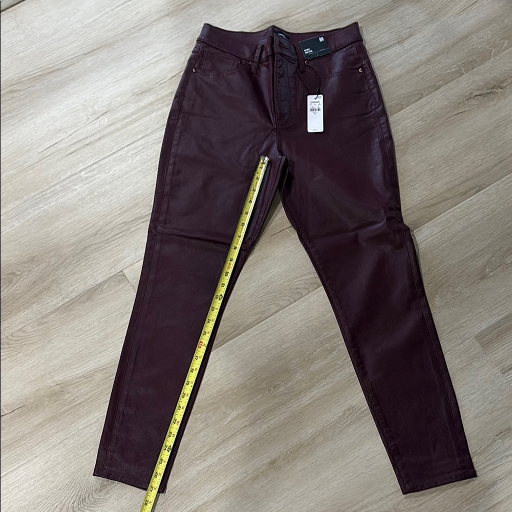 Express Burgundy Coated Ankle Jeans with Sleek Finish